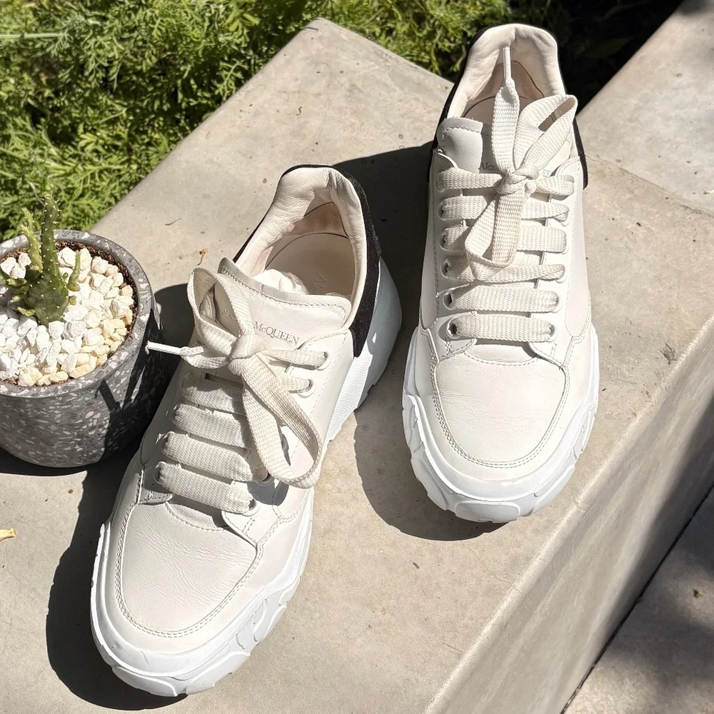 Alexander McQueen White Leather Sneakers with Black Heel Tab